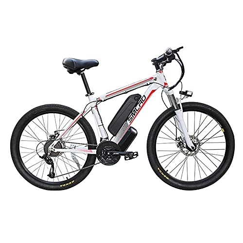 Electric Mountain Bike : Electric Bike, SMLRO C6 26 Inch, Mountain / Commute Bike Integrated Wheel, IP54 Waterproof, 500w, With Removable Bigger Battery 48v 16ah Lithium Battery, Shimano 21 Speed E-bike (Red / white)