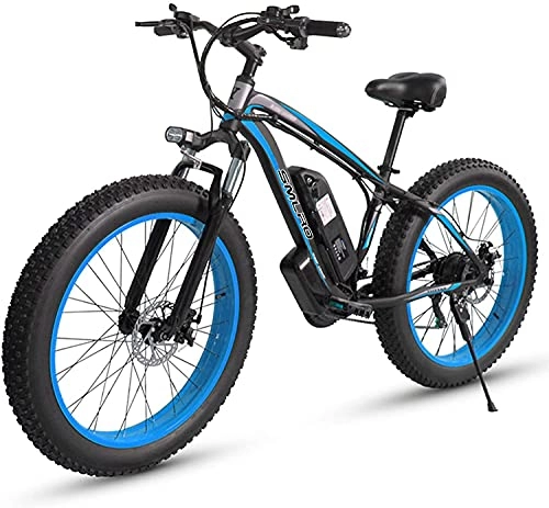 Electric Mountain Bike : Fat Tire Electric Bike for Adults Men 26 inch Mountain Bike Removable Battery Waterproof 48V 13A- Shimano 21 Speed Transmission Gears E Bikes Double Disc Brake (Blue)