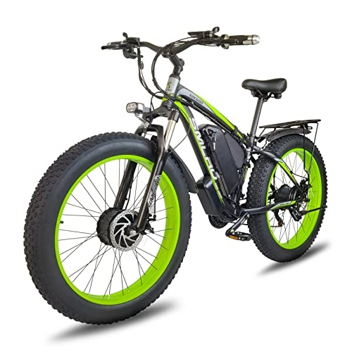 Electric Mountain Bike : Fat Tire Electric Bike for Adults Men Dual Motors 26 inch Mountain Bike Removable Battery Waterproof 48V 15A Shimano 21 Speed Transmission Gears E Bikes Double Disc Brake