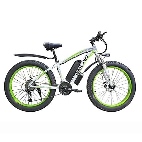 Electric Mountain Bike : Fat Tire Electric Bikes for Adults Men - 26 inch Mountain E-Bike Motor Removable Battery Waterproof 48V 15A- Shimano 21 Speed Transmission Gears E Bikes Double Disc Brake (white green)