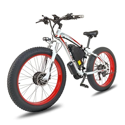 Electric Mountain Bike : Hyuhome Dual Motors Fat Tire Electric Bike for Adults Men Women，26''*4.0" Fat Tire E-bike with Shimano 21 Speed Mountain Bicycle, 48V 15AH MTB E-Mountainbike (white red)