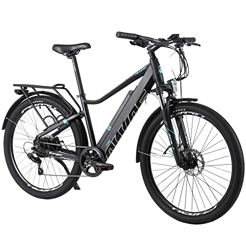 Electric Mountain Bike : Hyuhome Electric Bikes for Adult Mens Women, 27.5" Ebikes Bicycles All Terrain City Ebike 36V 12.5Ah Mountain E-MTB Bicycle with Shimano 7 Speed for Outdoor Commuter (Black with Rear Shelf)