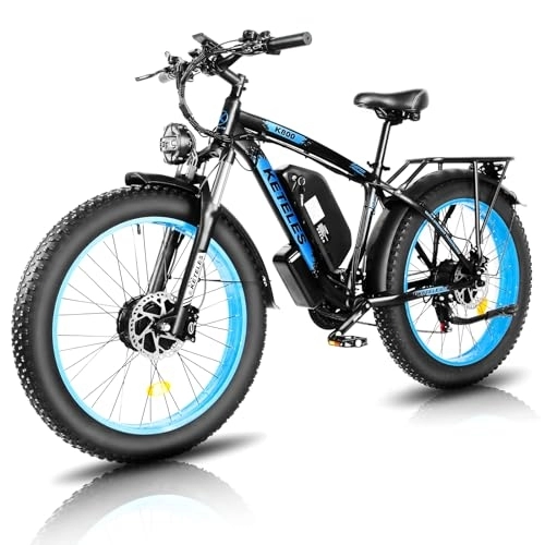 Electric Mountain Bike : KETELES 26” Electric Bike for Adults with Dual Motors, 48V 23Ah Removable Battery, Off Road E-bike with 4.0 Fat Tyre, Electric Cycles for Men and Women (blue)