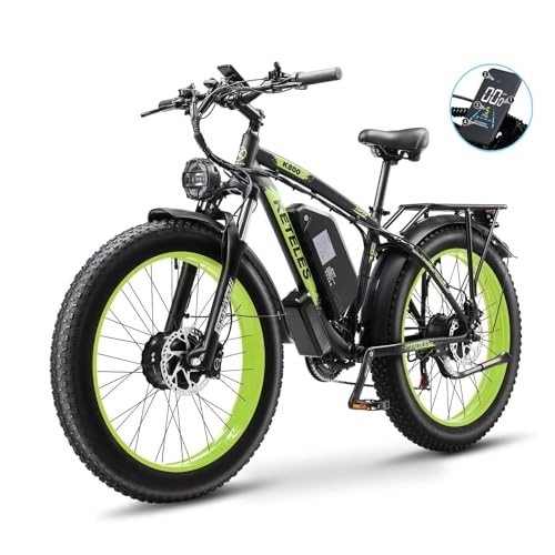 Electric Mountain Bike : Kinsella K800 dual motor 26-inch fat tire mountain electric bike has: 23AH (Samsung lithium battery), 4 color options, 21 speeds, color display. (Black green)