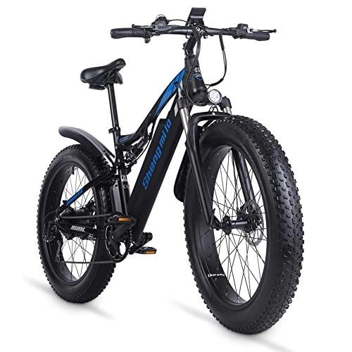 Electric Mountain Bike : Kinsella shengmino Electric Bicycle Lithium Battery, Full Suspension Electric Bicycle, Dual Hydraulic Disc Brake 26 * 4.0 Inch Fat Tire Adult Electric Bicycle, Mountain Bike-MX03