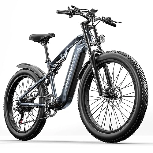 Electric Mountain Bike : MX05 full suspension electric mountain bike is equipped with 48V 17.5AH SAMSUNG CELLS long-distance cruising lithium-ion battery SHIMANO MT200 oil brake kit Bafang powerful motor 26-inch fat tire