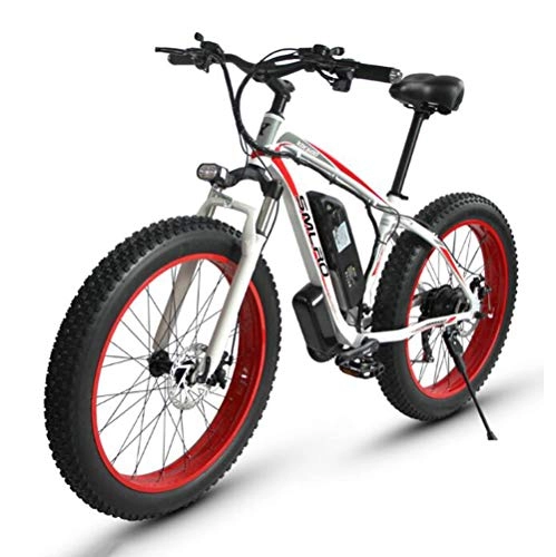 Electric Mountain Bike : ONLYU Electric Mountain Bikes, 26 * 4.0 Inch Fat Tire Electric Snow Bike with Battery Lock 48V 15Ah High Capacity 27-Speed Disc Brake Lithium Battery, white red