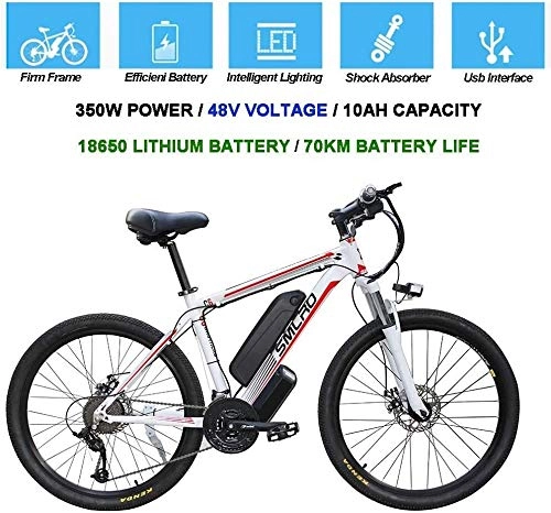 Electric Mountain Bike : PARTAS Sightseeing / Commuting Tool - Electric Bicycles For Adults, 360W Aluminum Alloy Ebike Bicycle Removable 48V / 10Ah Lithium-Ion Battery Mountain Bike / Commute Ebike (Color : White Red)