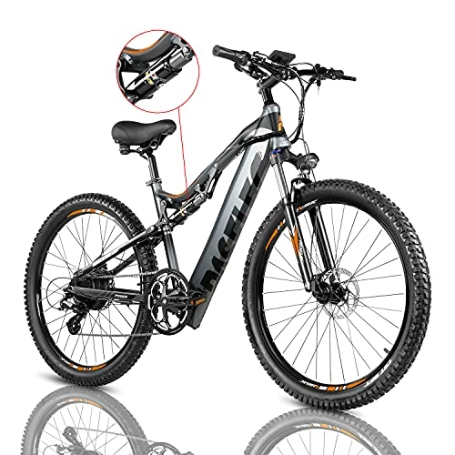 Electric Mountain Bike : PASELEC Electric Mountain Bikes for Adults 27.5'' Electric Bicycle, Hydraulic Brakes, 500W 48V 13ah Ebike with Moped Cycle, Full Suspension E-MTB, Professional 9-Speed Gears for adult (GREY)