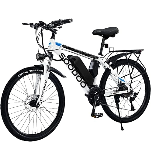 Electric Mountain Bike : SOODOO Electric Bike 26'' for Adults, Electric Mountain Bicycle with Rechargeable and Removable 36V 13AH Lithium-Ion Battery, Mountain Ebikes with 27 Speed Transmission Gears, MTB for Men Women-White