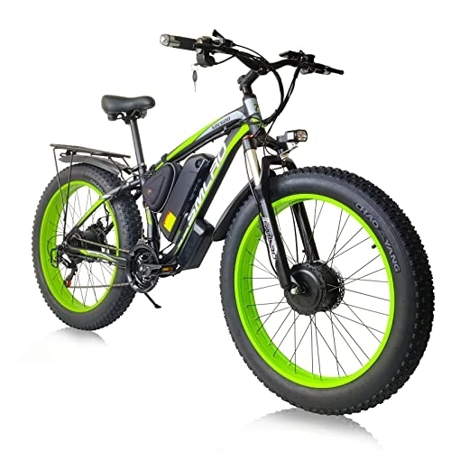 Electric Mountain Bike : TAOCI Electric Bike for Adults Dual Motor, 26” 4.0 Fat Tire E-Bike, E-MTB Bicycle, 48V 15Ah Removable Lithium Battery, 21-Speed Gear, Electric Mountain Bike, offroad ebike (black green, Dual Motor)