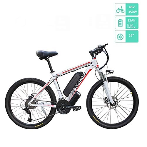 Electric Mountain Bike : UNOIF 26'' Electric Mountain Bike with Removable Large Capacity Lithium-Ion Battery, 48V / 13Ah City Ebike Bicycle With 350W Brushless Rear Motor For Adults, White Red
