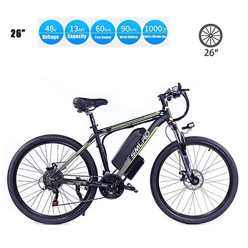 Electric Mountain Bike : UNOIF Electric Bike Electric Mountain Bike, 26" Electric City Ebike Bicycle With 350W Brushless Rear Motor For Adults, 48V / 13Ah Removable Lithium Battery, Black Green