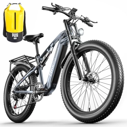 Electric Mountain Bike : VLFINA Full suspension Electric Bike for adult, 26inch Fat Tire 7speed Electric Mountain Bike, 48V17.5Ah removable Lithium Battery, Dual disc brakes ebike (Dark grey)