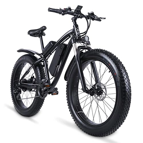 Electric Mountain Bike : WMLD Men Electric Bike for Adults 1000W 26" Fat Tire Snow E Bike 48V 17Ah Lithium Battery 21-Speed Electric Bike 25 Mph (Color : Black)