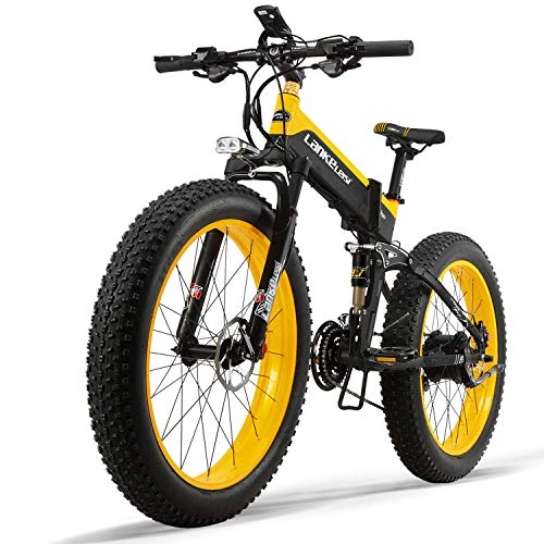 Electric Mountain Bike : XTD Upgrade 48V 500w Electric Mountain Bicycle 26 Inch Fat Tire E-Bike（Top Speed 40 Km / h） Cruiser Mens Sports Bike Full Suspension Lithium Battery MTB Dirtbike，yellow A
