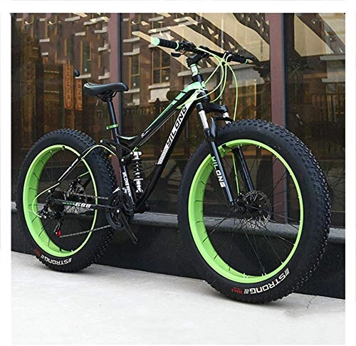 Fat Tyre Mountain Bike : giyiohok Dual-Suspension Mountain Bikes with Dual Disc Brake for Adults Men Women All Terrain Anti-Slip Fat Tire Mountain Bicycle High-carbon Steel Mountain-26 Inch 24 Speed_Black Green