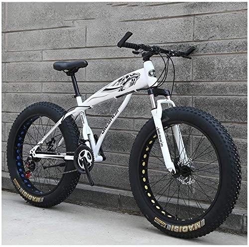 Fat Tyre Mountain Bike : H-ei Adult Mountain Bikes, Boys Girls Fat Tire Mountain Trail Bike, Dual Disc Brake Hardtail Mountain Bike, High-carbon Steel Frame, Bicycle (Color : White B, Size : 24 Inch 27 Speed)