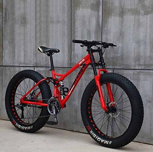 Fat Tyre Mountain Bike : UYHF 26" Mountain Bikes, Adult Fat Tire Mountain Trail Bike, 21 Speed Bicycle, High-carbon Steel Frame Dual Full Suspension Dual Disc Brake red- 24 speed
