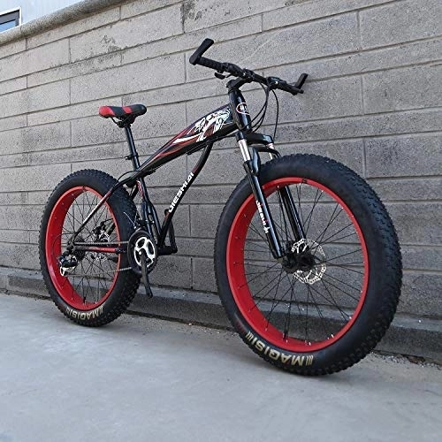 Fat Tyre Mountain Bike : XMB Red Adult 26 inch off-road bicycles, Dual disc brake men and women mountain bikes with full suspension, fat tires high carbon steel suspension youth men and women mountain bikes (21-speed)