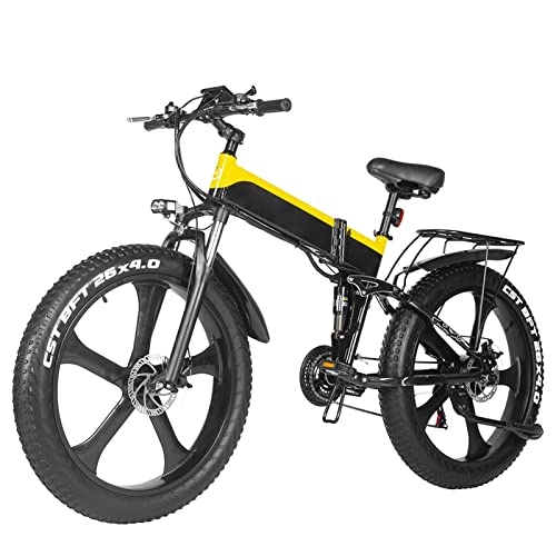 Folding Electric Mountain Bike : FMOPQ Folding 1000W Electric Bike26 Fat Tire 25 Mph Removable Lithium Battery Mountain Double Shock Foldable (Color : Green Size : 48v 10.4Ah Battery) (Yellow 48V 12.8Ah Battery)