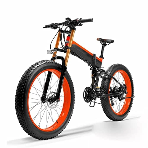 Folding Electric Mountain Bike : Snow Electric Bike for Adults 1000W 48V 26 Inch Fat Tire Foldable Electric Sand Bicycle, 5 Level Pedal Assist Sensor Ebike