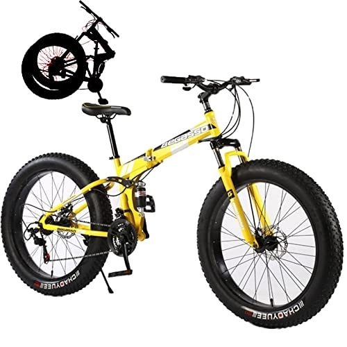 Folding Mountain Bike : Fat Tires Folding Bike for Adults Foldable Adult Bicycles Folding Mountain Bike with Suspension Fork 21 Speed Gears Folding Bike Folding City Bike High Carbon Steel Frame, Yellow, 24inch