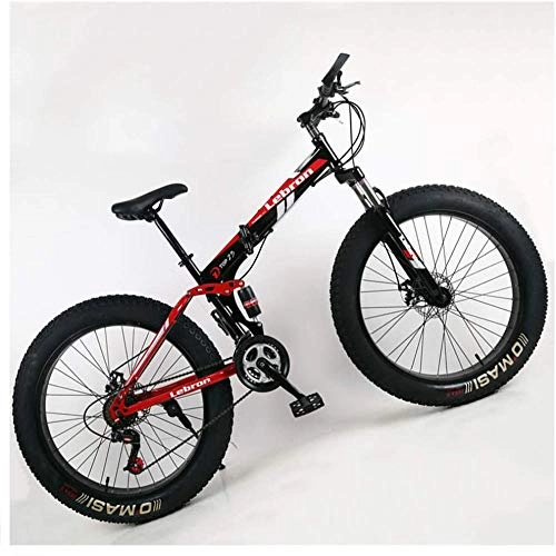 Folding Mountain Bike : giyiohok Dual Suspension Mountain Bike with Fat Tire for Men Women Adults Foldable Mountain Bicycle Mechanical Disc Brakes &High Carbon Steel Frame Adjustable-26 Inch 24 Speed_Black Red