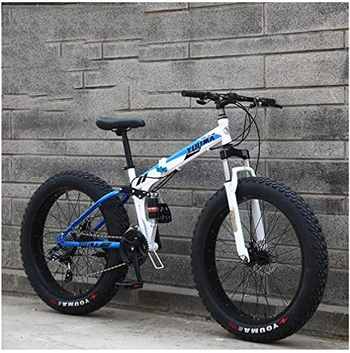 Folding Mountain Bike : giyiohok Dual-Suspension Mountain Trail Bike for Adults Men Women Fat Tire Anti-Slip Mountain Bicycle with Dual Disc Brake Foldable High Carbon Steel Frame-26 Inch 21 Speed_White Blue
