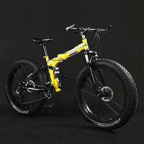 Folding Mountain Bike : H-ei Adult Mountain Bikes, Foldable Frame Fat Tire Dual-Suspension Mountain Bicycle, High-carbon Steel Frame, All Terrain Mountain Bike (Color : 26" Yellow, Size : 24 Speed)