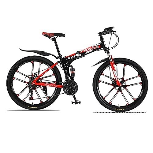 Folding Mountain Bike : HJRBM Foldable Mountain Bike， Dual Disc Brakes Variable Speed Bike， 26 Inch， Full Suspension Frame， 21 Speed， for Adults Women Teens Unisex(Black Red) fengong