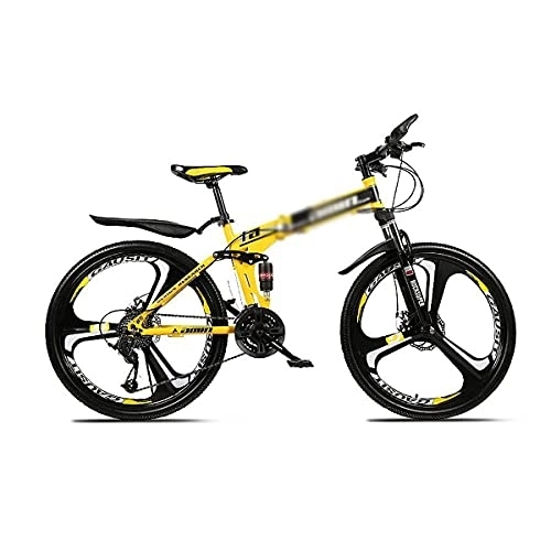 Folding Mountain Bike : JAMCHE 26 inch Folding Mountain Bike High Carbon Steel Full Suspension MTB Bicycle for Adult Double Disc Brake Outroad Mountain Bicycle for Men Woman Adult and Teens / Yello / 27 Speed