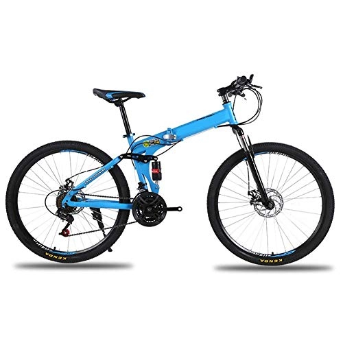 Folding Mountain Bike : JF-XUAN Outdoor sports 21Speed Folding Mountain Bike, Full Suspension Bicycles, Carbon Steel Frame, Dual Disc Brake, 26inch Wheels Mountain Bike (Color : Blue)