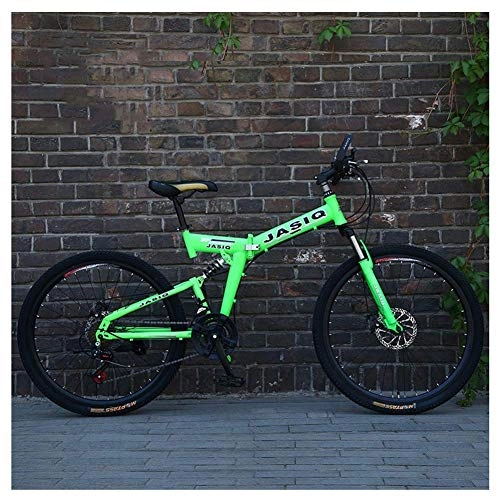 Folding Mountain Bike : JF-XUAN Outdoor sports 26 Inch Mountain Bike High Carbon Steel Folding Bicycle with 24 Speeds Disc Brake Dual Suspension Urban Commuter City Bicycle (Color : Green)