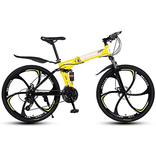 Folding Mountain Bike : JF-XUAN Outdoor sports Folding Mountain Bike 21 Speed Bicycle Full Suspension Foldable High Carbon Steel Frame 26" Double Disc Brake (Color : Yellow)