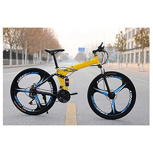 Folding Mountain Bike : JF-XUAN Outdoor sports Folding Mountain Bikes, Carbon Steel Frame Double Shock Absorber Mountain Bike, Kids Adult Mountain Bicycle, Adjustable Seat, 26Inch 27Speed (Color : Yellow)