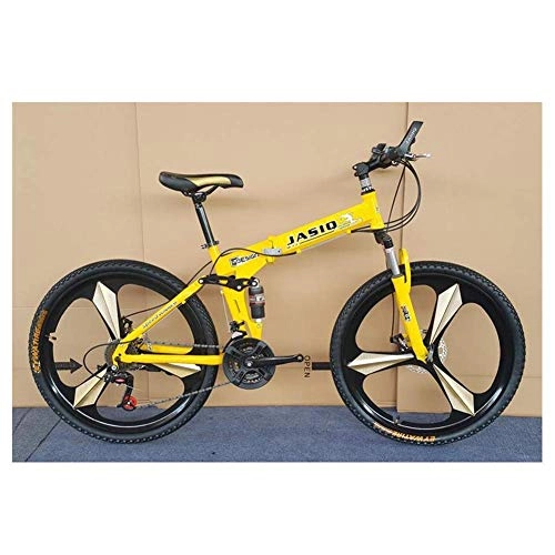 Folding Mountain Bike : JF-XUAN Outdoor sports Mountain Bike, Folding Bike, 26" Inch 3Spoke Wheels HighCarbon Steel Frame, 27 Speed Dual Suspension Folding Bike with Disc Brake (Color : Yellow)