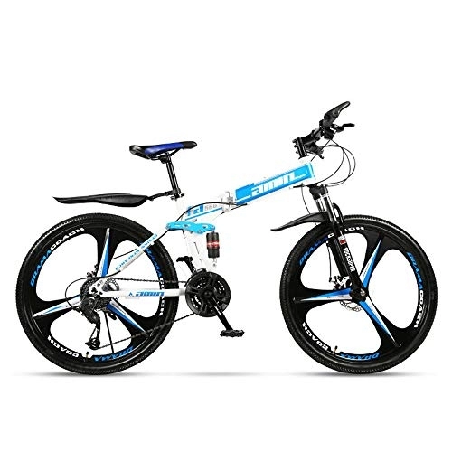 Folding Mountain Bike : JHKGY Folding Mountain Bike, Full Suspension MTB Bikes, Speed Double Disc Brake Adult Bicycle, Outroad Mountain Bike for Adult Teens, blue, 26 inch 24 speed
