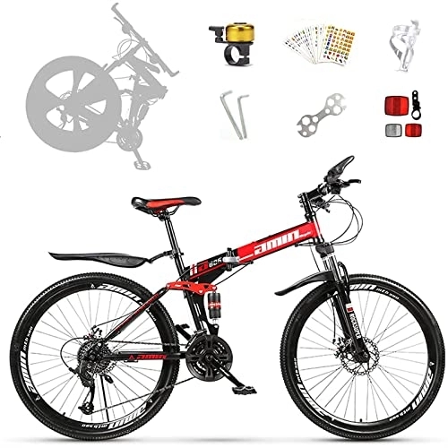Folding Mountain Bike : LapooH Folding Mountain Bike Bicycle 26 Inch Adult with 21 / 24 / 27 / 30 Speed Dual Disc Brakes Full Suspension Non-Slip Men Women Outdoor Cycling, Red, 27 speed