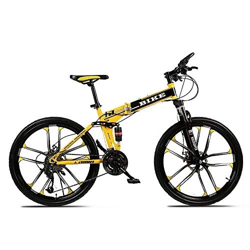 Folding Mountain Bike : Mountain Bike, Foldable MountainBike 24 / 26 Inches, MTB Bicycle with 10 Cutter Wheel, Yellow
