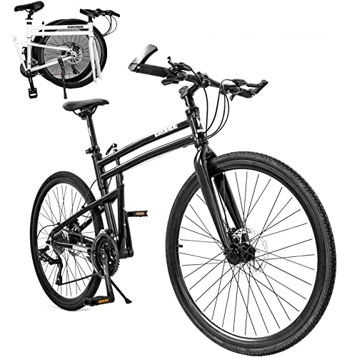 Folding Mountain Bike : Portable Folding Bike for Adults Foldable Adult Bicycles Folding Mountain Bike with Suspension Fork Folding Bike Folding City Bike High Carbon Steel Frame, Black / 24inch, 24