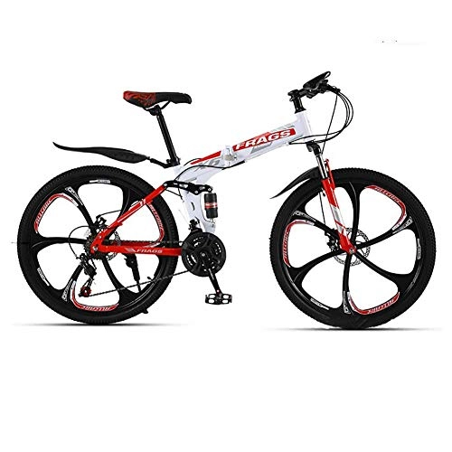 Folding Mountain Bike : SXXYTCWL 21 Speed Mountain Bike, Adult Mountain Bicycle, Carbon Steel Folding Bike, Double Disc Brake, 6 Knife Wheel Bike (Color : White Red, Size : 26 Inch) jianyou