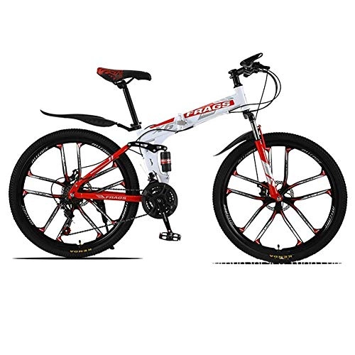 Folding Mountain Bike : SXXYTCWL High Carbon Steel Outroad Bicycles, Mountain Trail Bike, 26 In, 21 Speed Mountain Bicycle, Lightly Foldable, 10 Knife Wheels, White Red jianyou