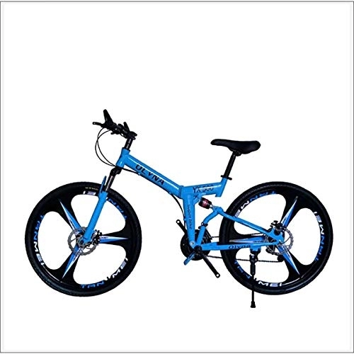 Folding Mountain Bike : XER Mountain Bike 21 / 24 / 27 / 30 Speed Steel Frame 26 Inches 3-Spoke Wheels Dual Suspension Folding Bike, Blue, 27 speed