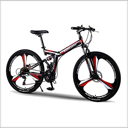 Folding Mountain Bike : XER Mountain Bike 27 Speed Steel High-Carbon Steel 24 Inches 3-Spoke Wheels Dual Suspension Folding Bike for Commuter City, Black, 21 speed