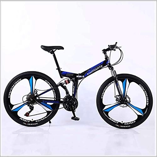 Folding Mountain Bike : XER Mountain Bike 27 Speed Steel High-Carbon Steel 24 Inches 3-Spoke Wheels Dual Suspension Folding Bike for Commuter City, Blue, 24 speed
