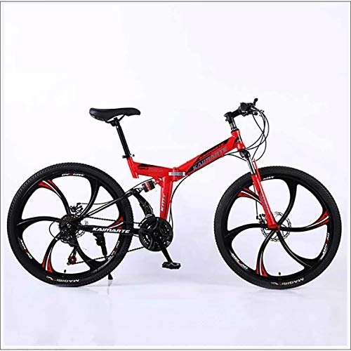 Folding Mountain Bike : XER Mountain Bike Folding Frame MTB Bike Dual Suspension Mens Bike 27 Speeds 26 Inch 6-High-Carbon Steel Bicycle Disc Brakes, Red, 27 speed