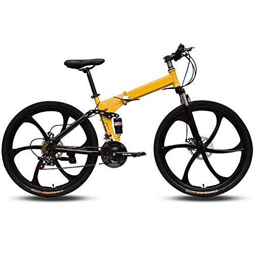 Folding Mountain Bike : YDBET Foldable Mountain Bike MTB Road Bikes 27 Speed Double Suspension Mountain Bicycle with Carbon Fiber Frame with Shocks Disc Brakes, Yellow, 26Inch