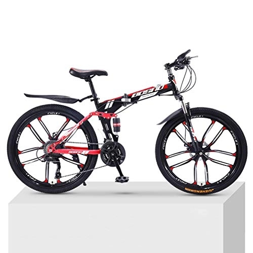 Folding Mountain Bike : ZKHD 30-Speed 10-Knife-Wheel Mountain Bike Bicycle Adult Folding Double Damping Off-Road Variable Speed Unisex Bicycle, black red, 26 inch