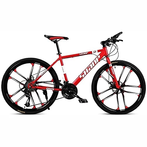Mountain Bike : 26 Inches Mountain Bike for Men and Women 21 / 24 / 27 / 30 Speed Suspension Fork Anti-Slip Bicycle with Dual Disc Brake and High Carbon Steel Frame, Red, 27 speed